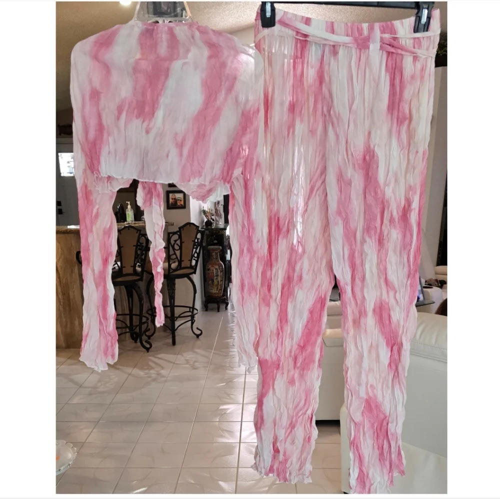 Hot & Delicious Vintage Pink and White Tie-Dye Pants Set, Size Large - Picture 5 of 16